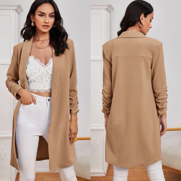 Jackets & Blazers - Long blazer coat scrunched 3/4 sleeve khaki tan neutral business casual